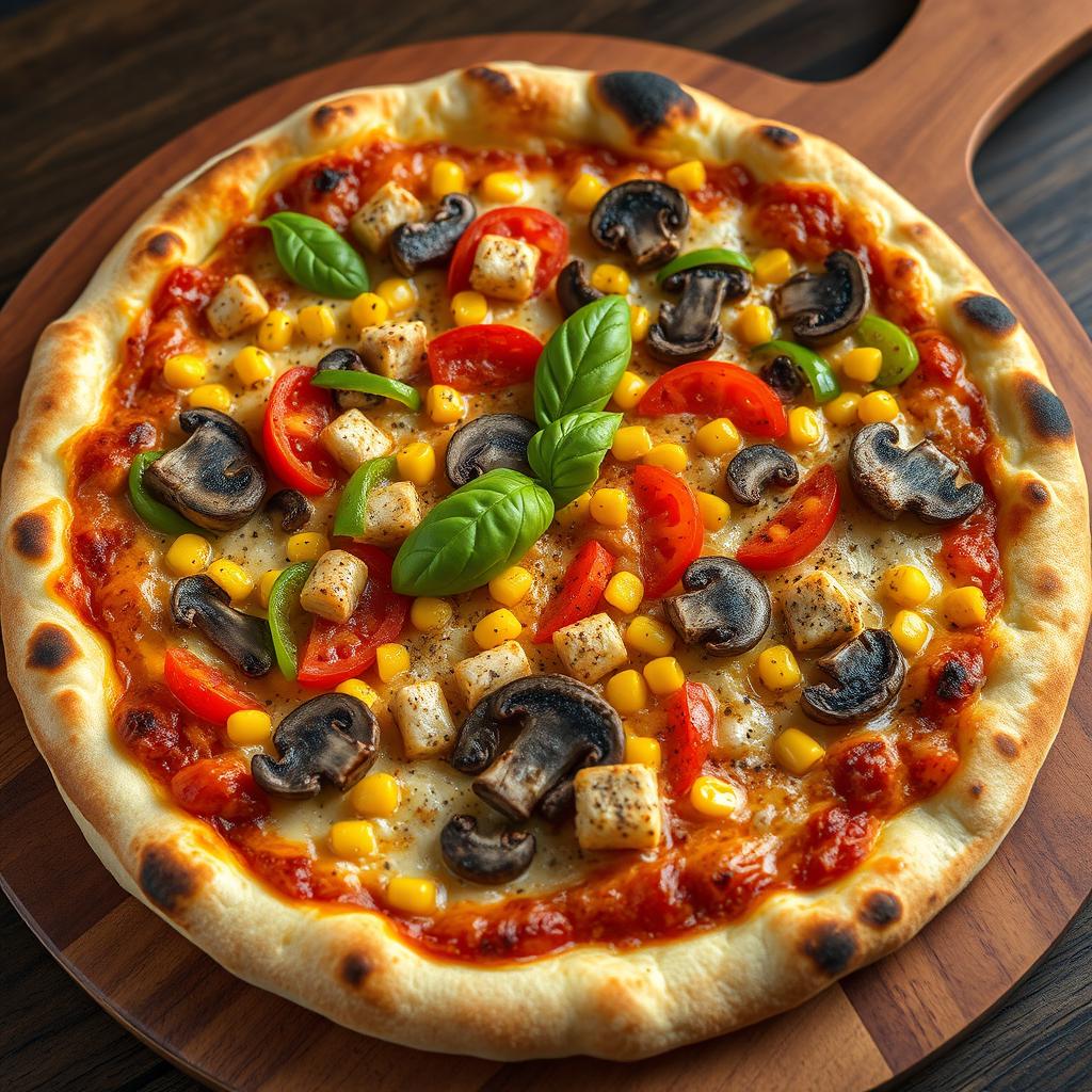 A visually stunning gourmet pizza featuring a golden-brown crust perfectly charred at the edges, abundantly topped with a rich layer of gooey, melted cheese