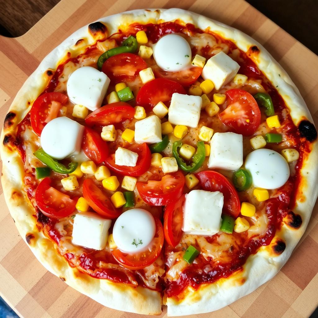 A deliciously baked pizza featuring juicy tomatoes, soft paneer cubes, sweet corn, crunchy green capsicum, and onions, all generously topped with melted mozzarella cheese