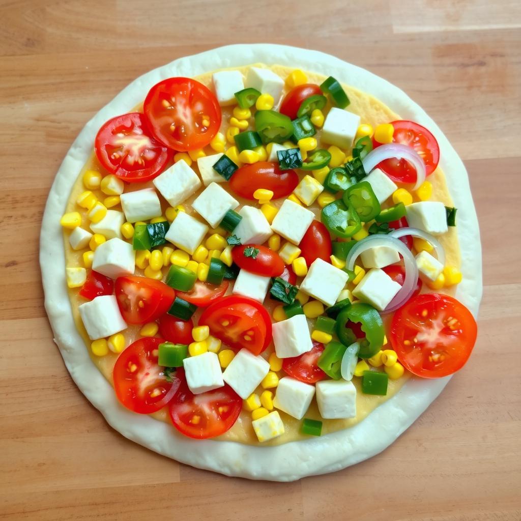 A vibrant and appetizing unbaked pizza featuring a colorful assortment of toppings