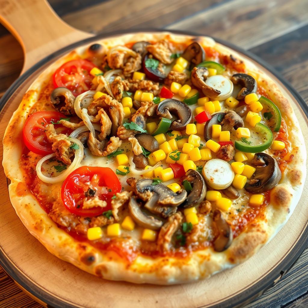 An appetizing gourmet pizza topped with crunchy fried onions, slices of fresh juicy tomatoes, sweet corn kernels, tender mushrooms, and a vibrant mix of green, red, and yellow capsicum