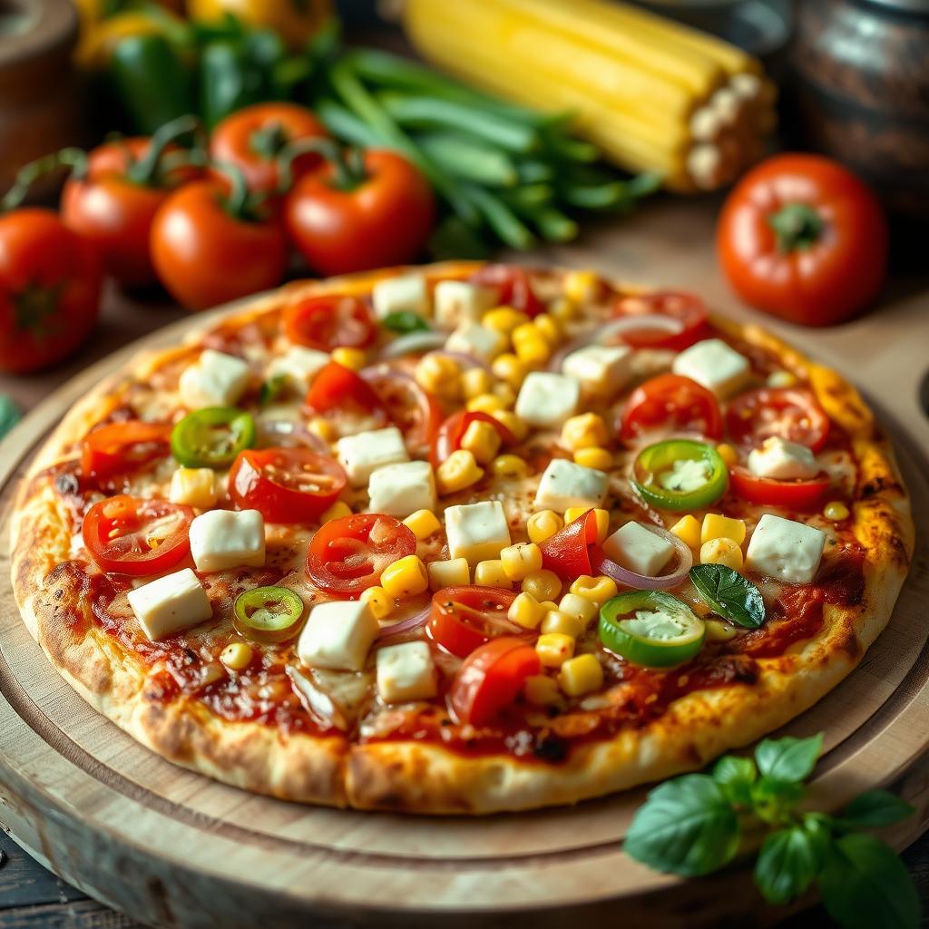 A vibrant and delicious pizza loaded with juicy tomatoes, soft paneer cubes, sweet corn, crunchy capsicum, and sliced onions