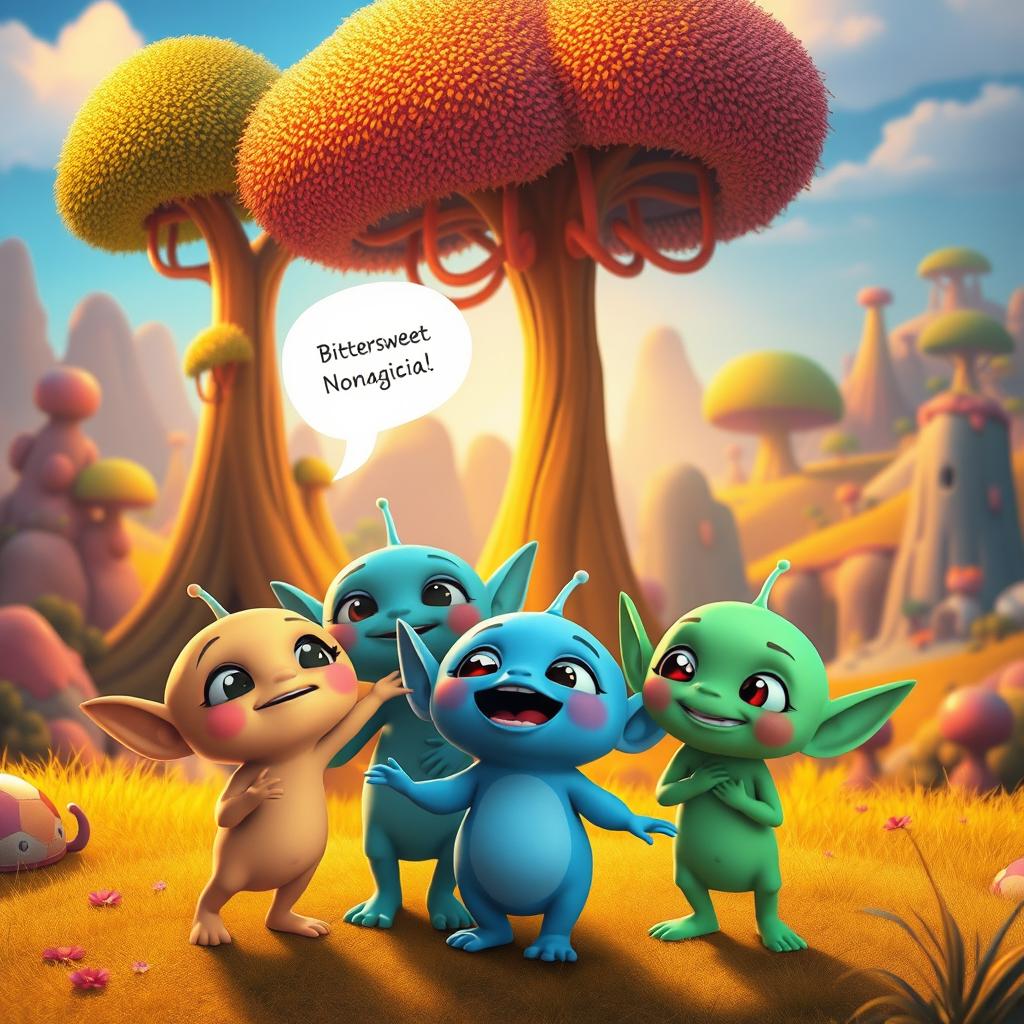 A whimsical, colorful scene inspired by Disney Pixar, showcasing a group of adorable, alien-like characters expressing their feelings of bittersweet nostalgia