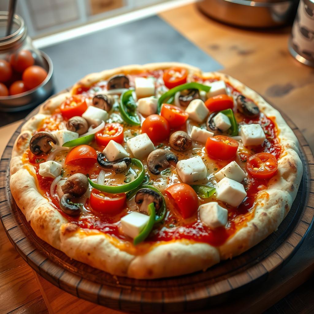 A mouthwatering pizza topped with fresh onions, tender mushrooms, creamy paneer cubes, and vibrant green capsicum all atop a cheesy, golden crust