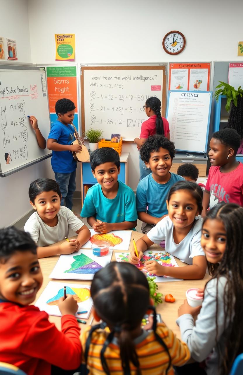 A vibrant classroom scene showcasing diverse students engaged in various activities representing multiple intelligences, such as a student solving a complex math problem on a whiteboard, another playing an instrument, one painting a colorful art piece, and a group collaboratively discussing a science project