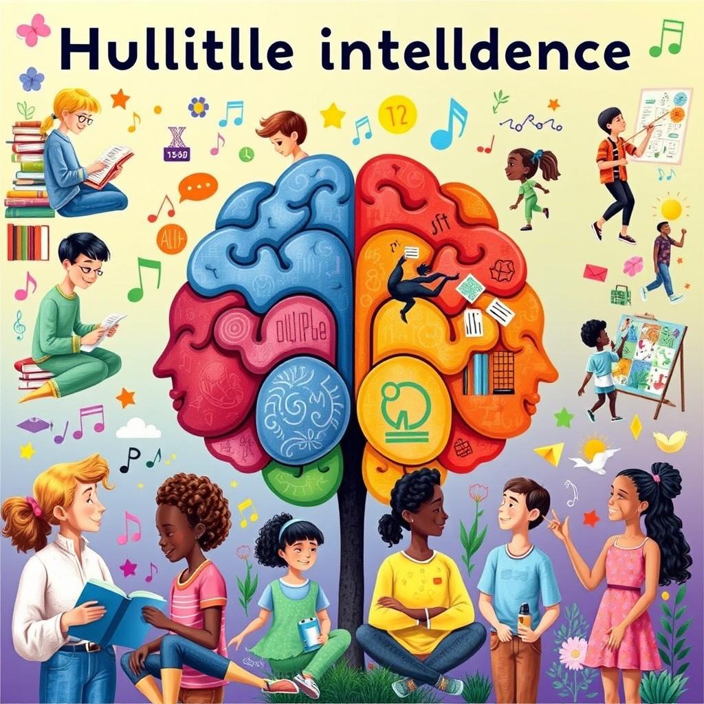A colorful and creative representation of Howard Gardner's theory of multiple intelligences, featuring a diverse group of individuals demonstrating different types of intelligence