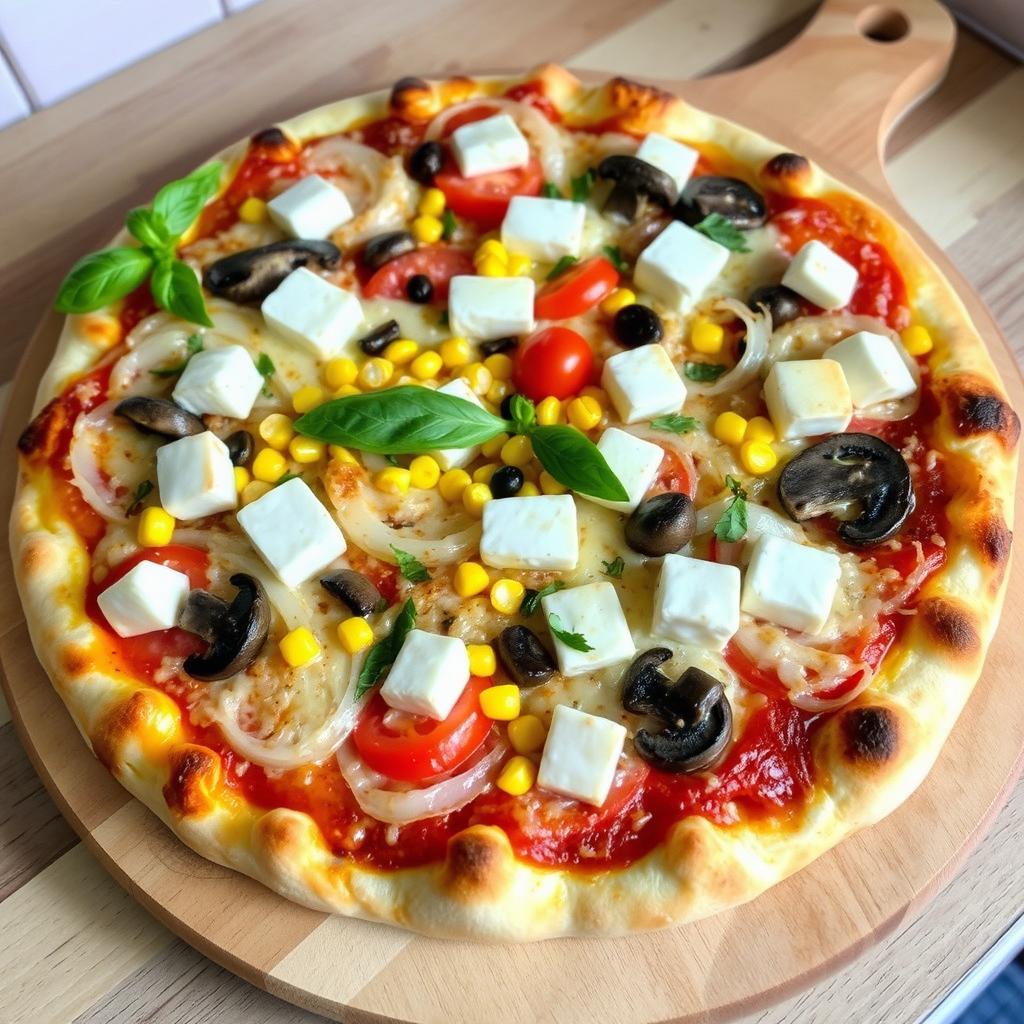 A mouthwatering pizza crafted with a delicious blend of fresh onions, juicy tomatoes, sweet corn, tender mushrooms, and creamy paneer cubes, all generously layered under a gooey topping of melted mozzarella cheese