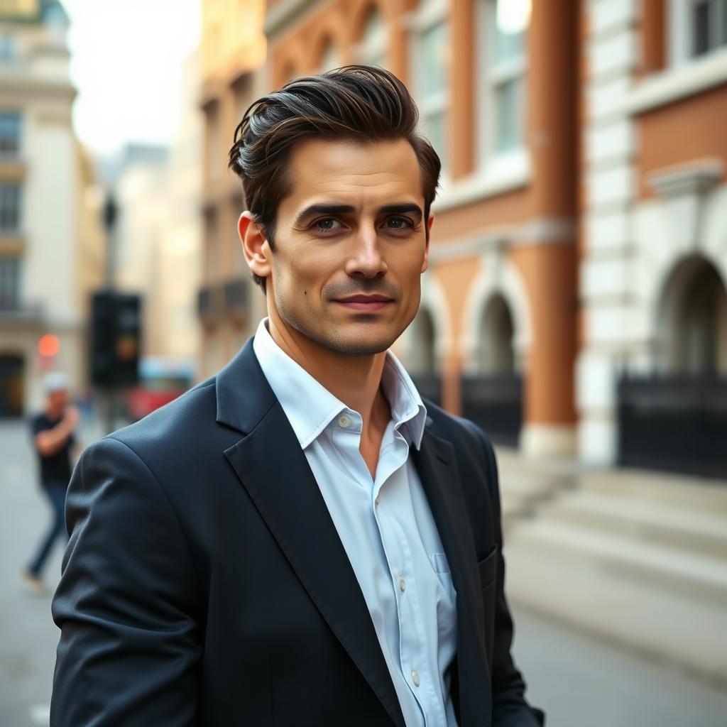 A portrait of a British man with dark hair, dressed sharply in a tailored suit