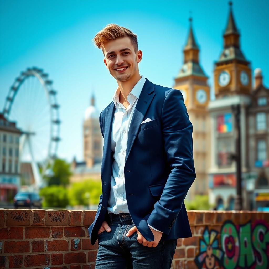 A stylish young British man standing confidently in a vibrant urban environment, wearing a tailored navy blue blazer, a crisp white shirt, and dark jeans