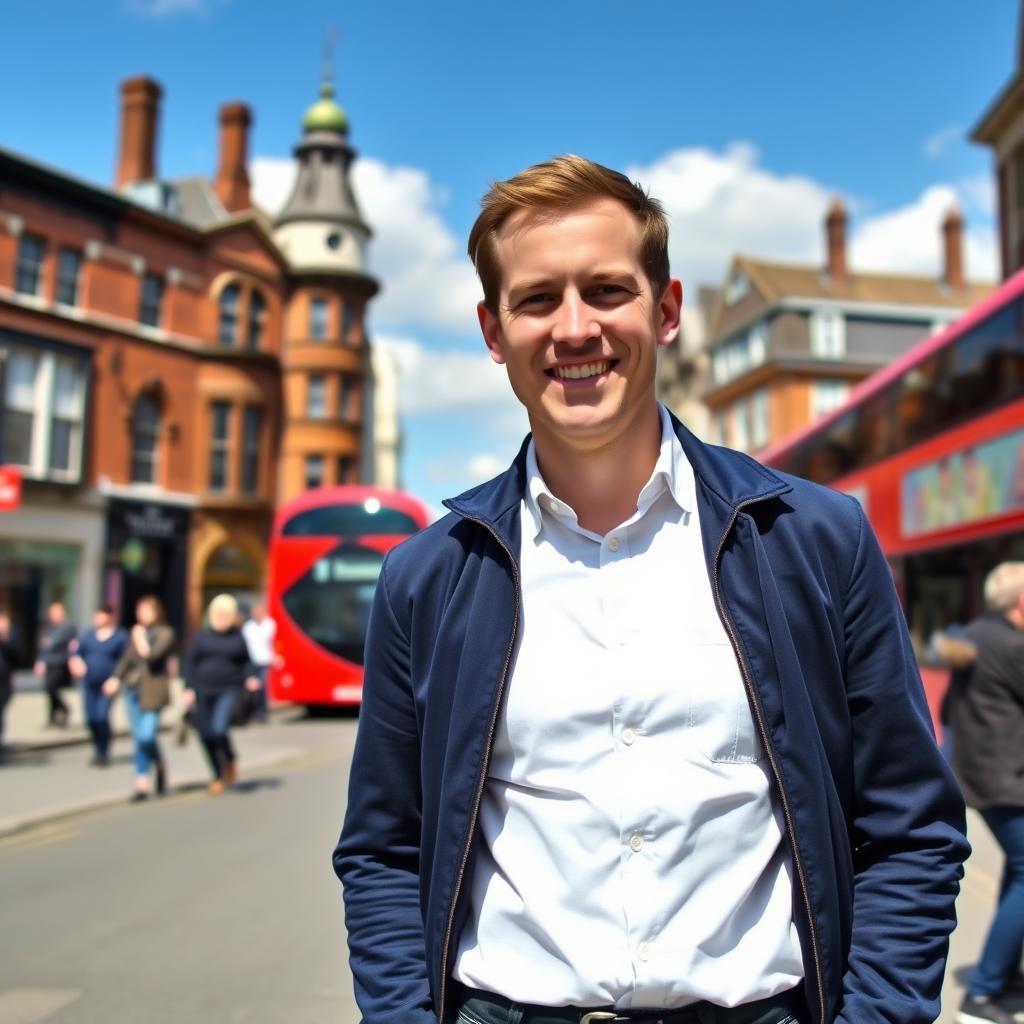 A cheerful UK man in his mid-30s standing in a vibrant London street, wearing a stylish navy blue jacket, a crisp white shirt, and dark jeans