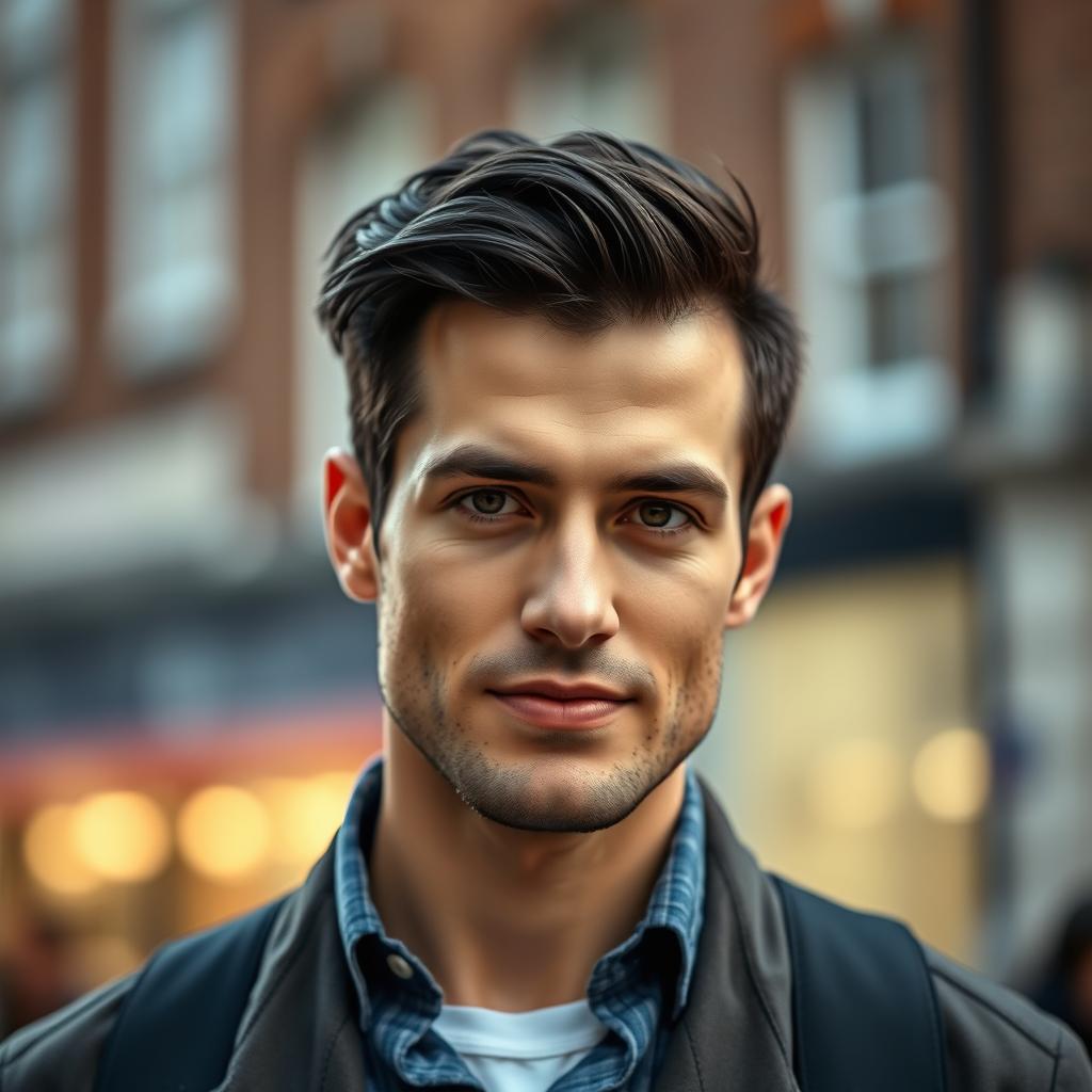 A portrait of a handsome UK man with dark hair, showcasing a charismatic and confident expression