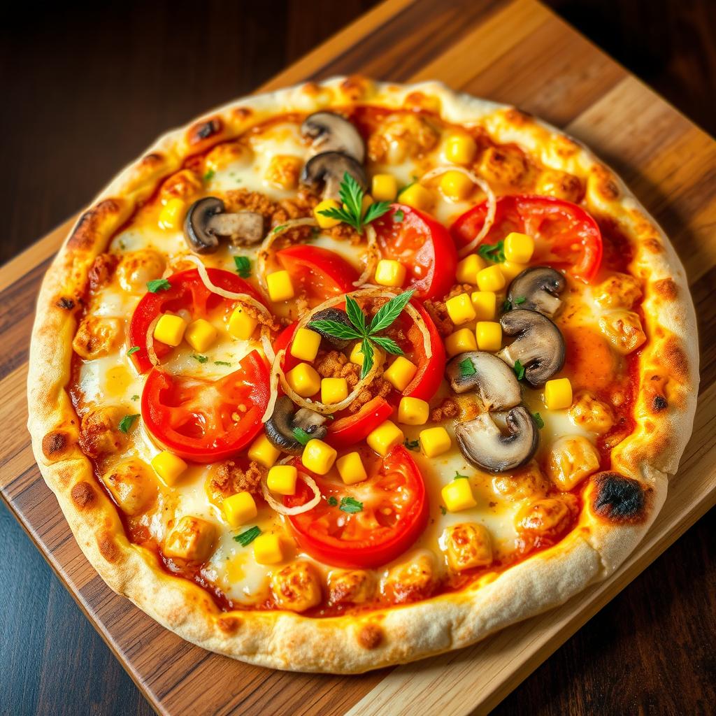 A delicious gourmet pizza featuring a perfectly baked, crispy crust topped with a generous layer of gooey, melted cheese