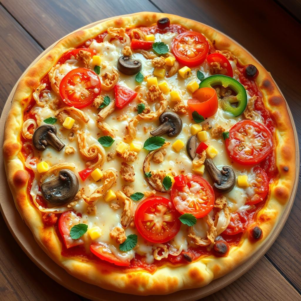 A mouthwatering gourmet pizza showcasing a perfectly baked, crispy crust abundant with gooey, melted cheese