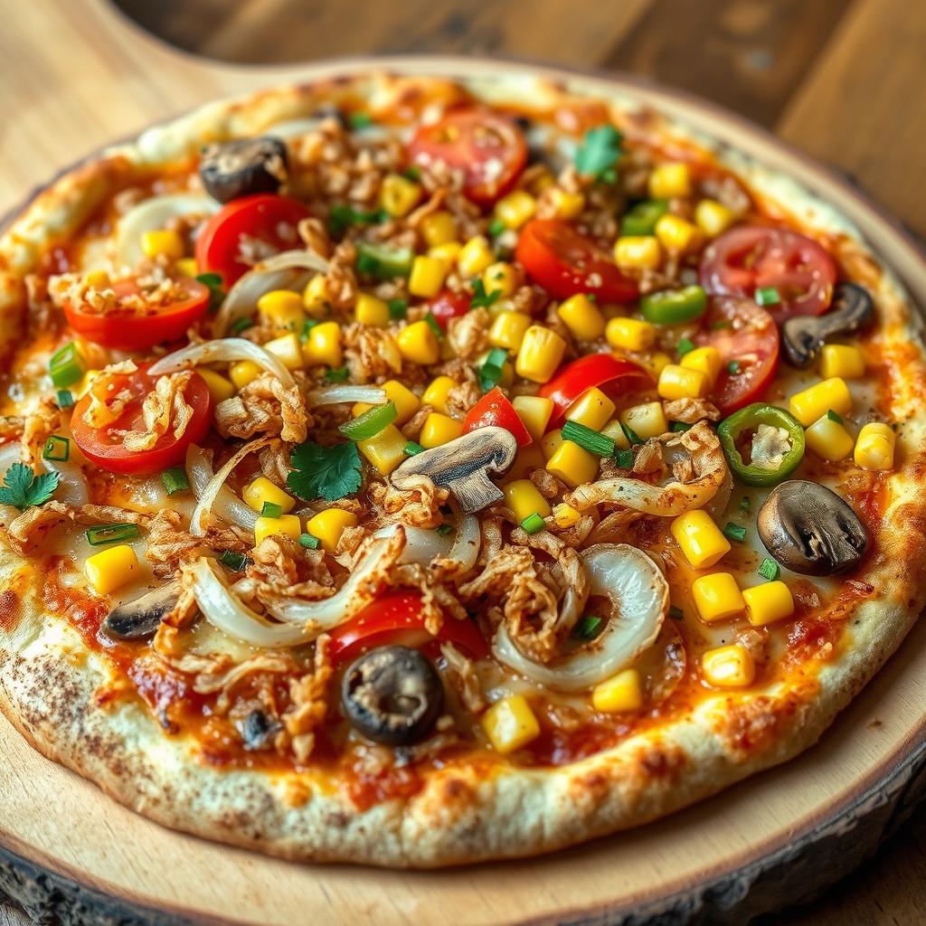 An appetizing gourmet pizza topped with an abundant amount of crunchy fried onions, generous slices of fresh juicy tomatoes, sweet corn kernels, tender mushrooms, and a vibrant and plentiful mix of green, red, and yellow capsicum