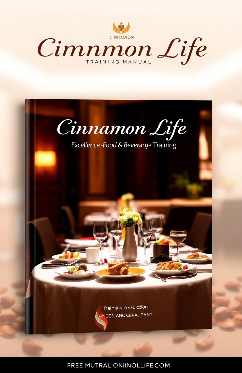 A vibrant and professional book cover design for a training manual in the food and beverage department of the Cinnamon Life hotel