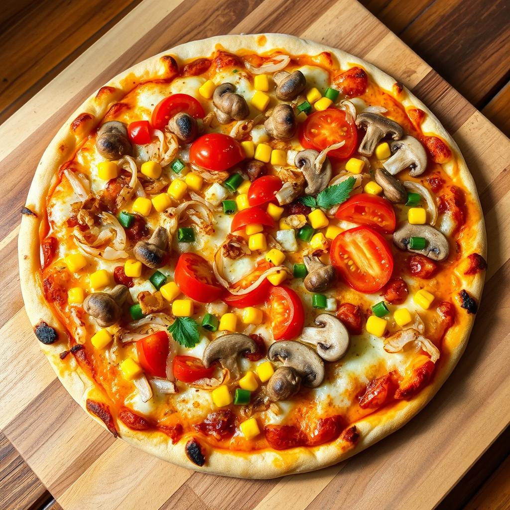 A delicious gourmet pizza featuring a perfectly baked, crispy crust topped with a generous layer of gooey, melted cheese