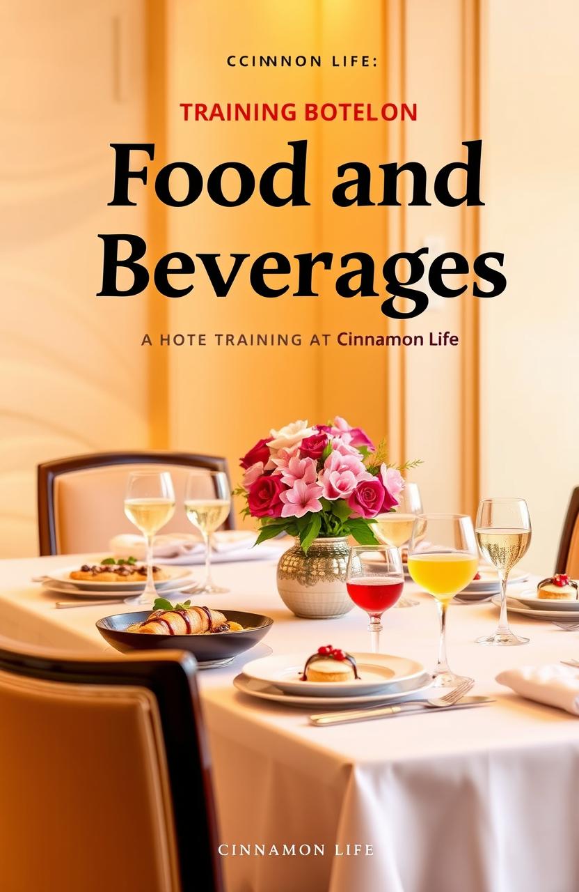 A vibrant and inviting cover photo for a training book focused on food and beverages at the Cinnamon Life hotel