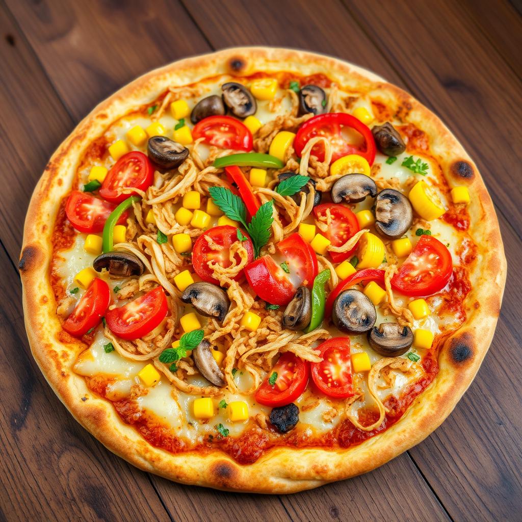 A mouthwatering gourmet pizza showcasing a perfectly baked, crispy crust abundant with gooey, melted cheese