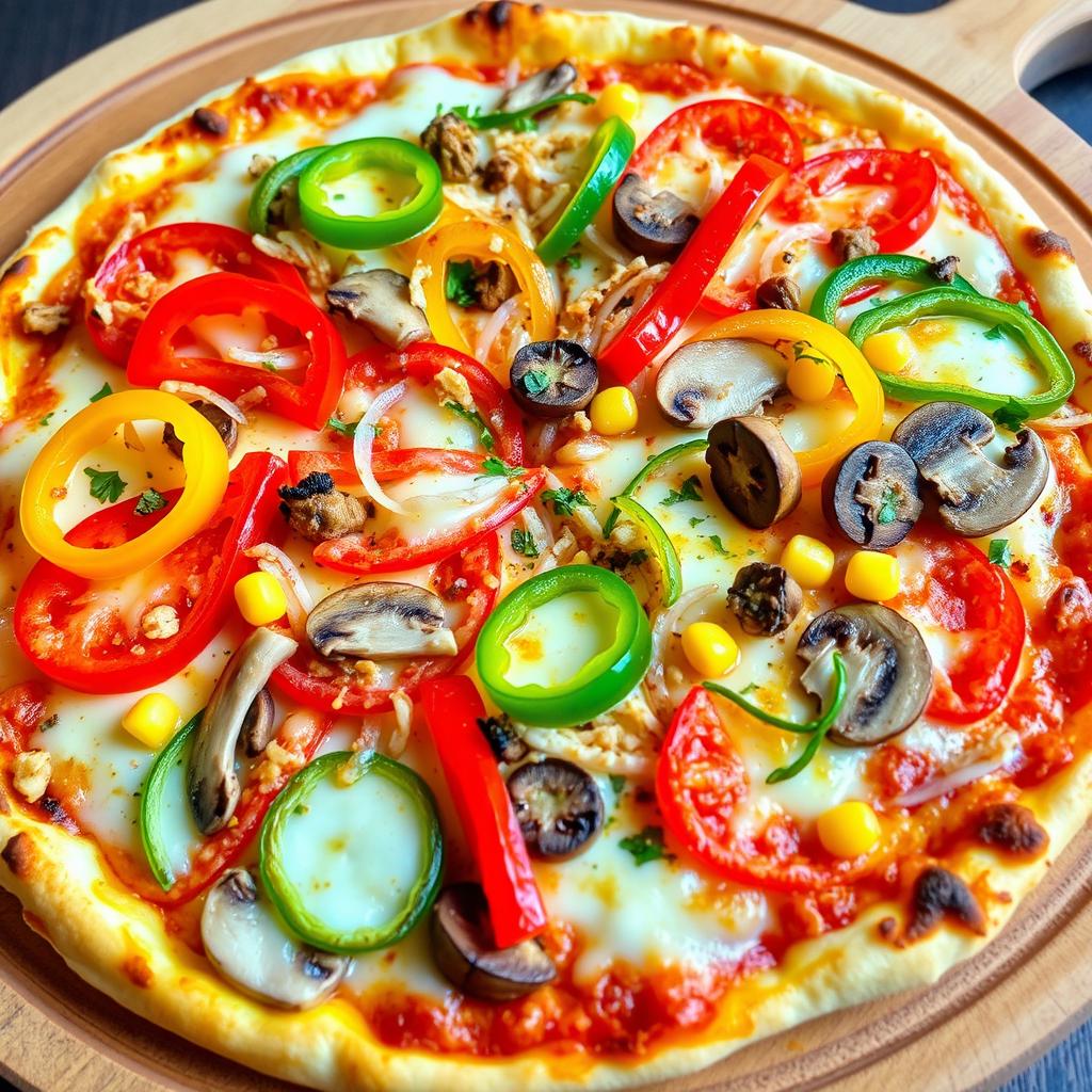 A delightful gourmet pizza showcasing an extremely generous amount of freshly sliced capsicum (bell peppers) in vibrant hues of red, green, and yellow, artfully layered atop a bed of melted, gooey cheese