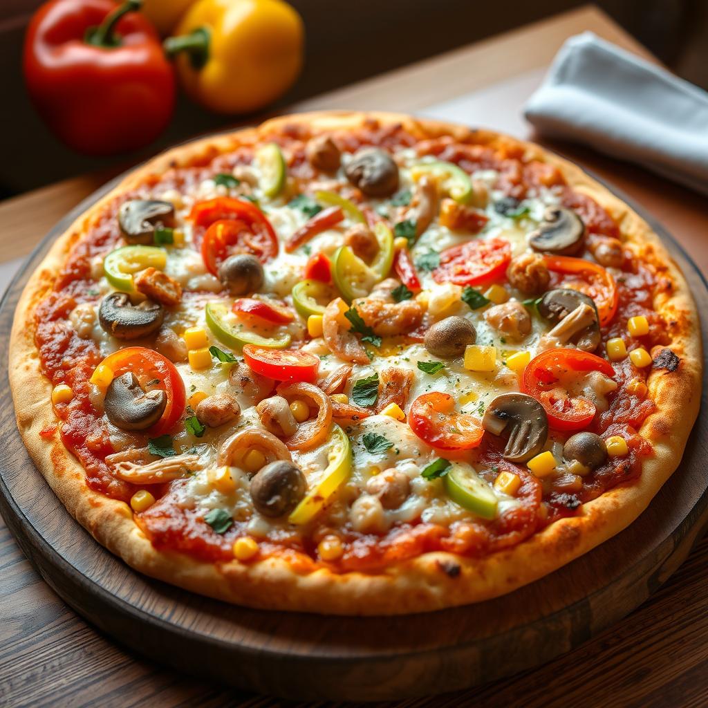 A stunning gourmet pizza that features an extra thick, crispy crust, lavishly topped with an overabundance of gooey, melted cheese