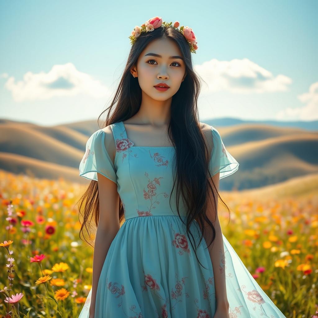 A stunning, hyper-realistic portrait of a young Asian woman with long black hair, wearing a flowing, light blue dress adorned with intricate floral patterns