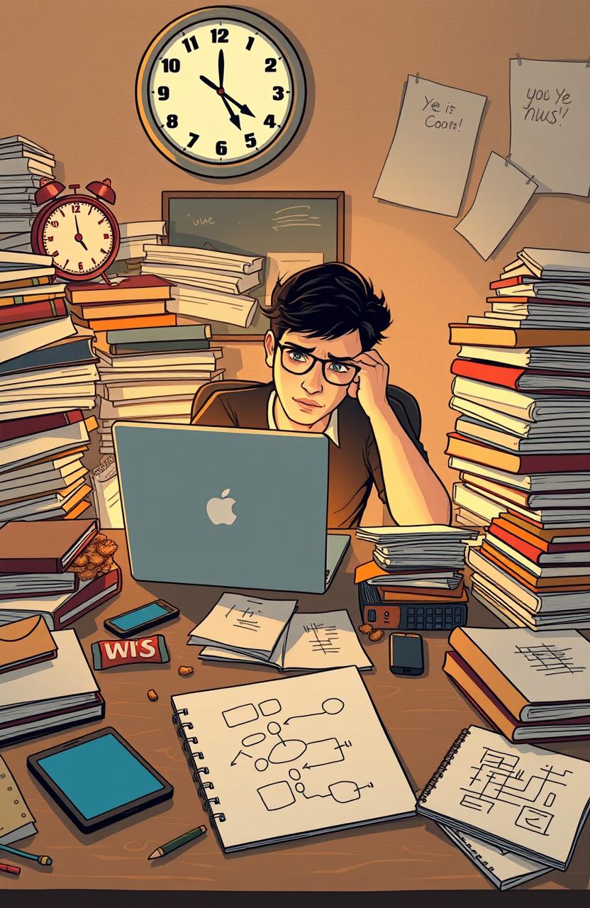 A visually striking representation of procrastination, illustrating a person sitting at a cluttered desk with a laptop open, surrounded by distractions such as a smartphone, snacks, and a cluttered pile of books and documents