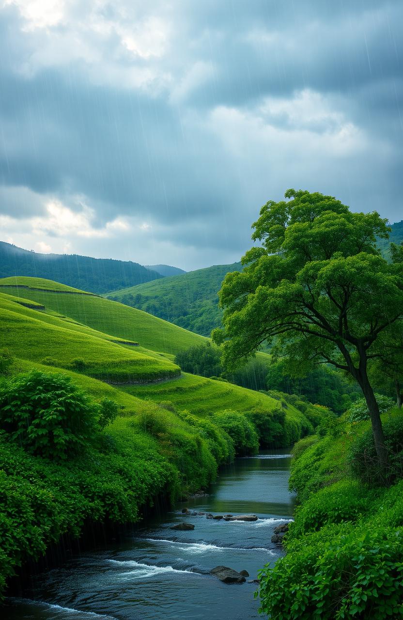 A serene landscape depicting the natural elements of water and wind, featuring gentle rain falling on lush greenery