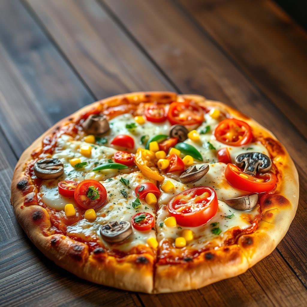 An inviting gourmet pizza featuring a perfectly baked, golden-brown crust generously topped with melted mozzarella cheese that stretches deliciously when pulled apart