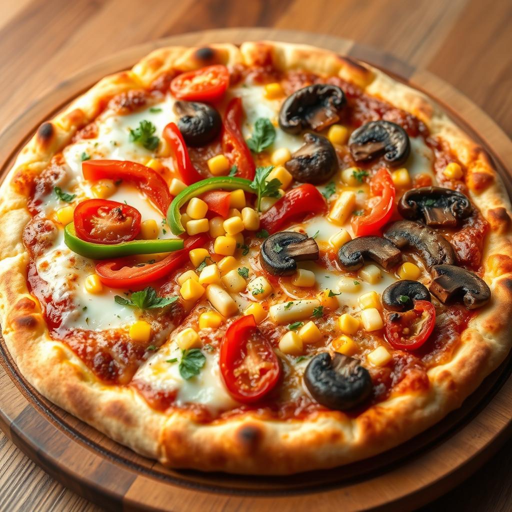 A mouthwatering gourmet pizza featuring a crisp, golden-brown crust that cradles a lovely layer of bubbling, melted mozzarella cheese