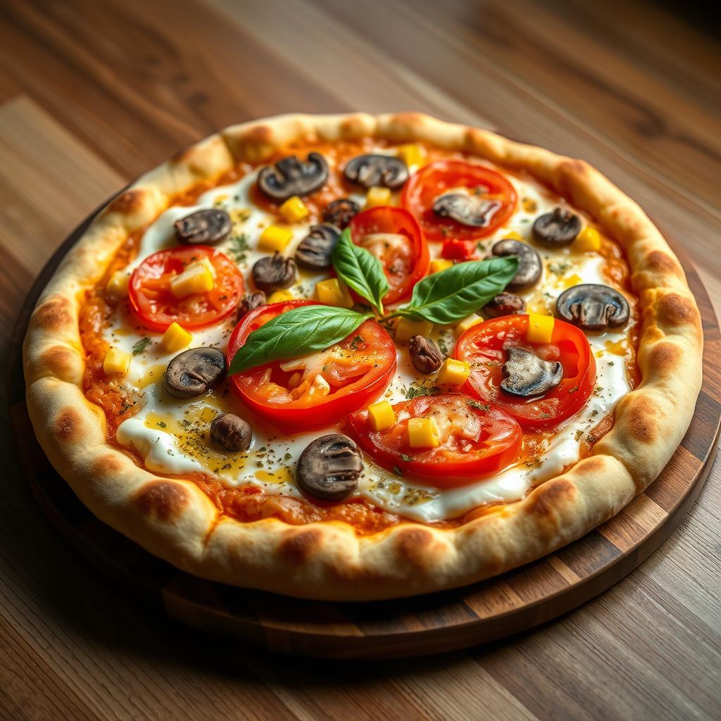 An exquisite gourmet pizza featuring a perfectly baked, golden crust that exudes freshness and warmth