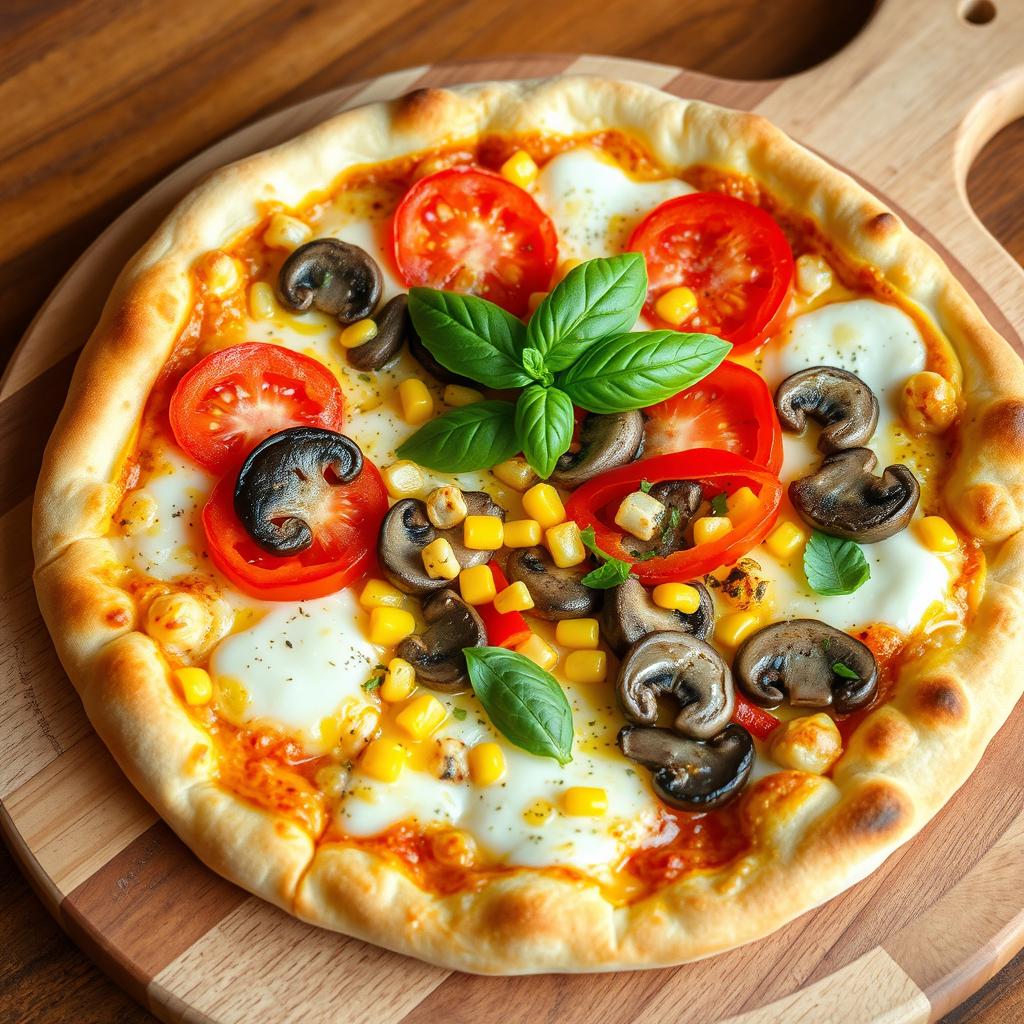 A delectable gourmet pizza featuring a perfectly baked, golden crust that is topped generously with bubbling melted mozzarella cheese