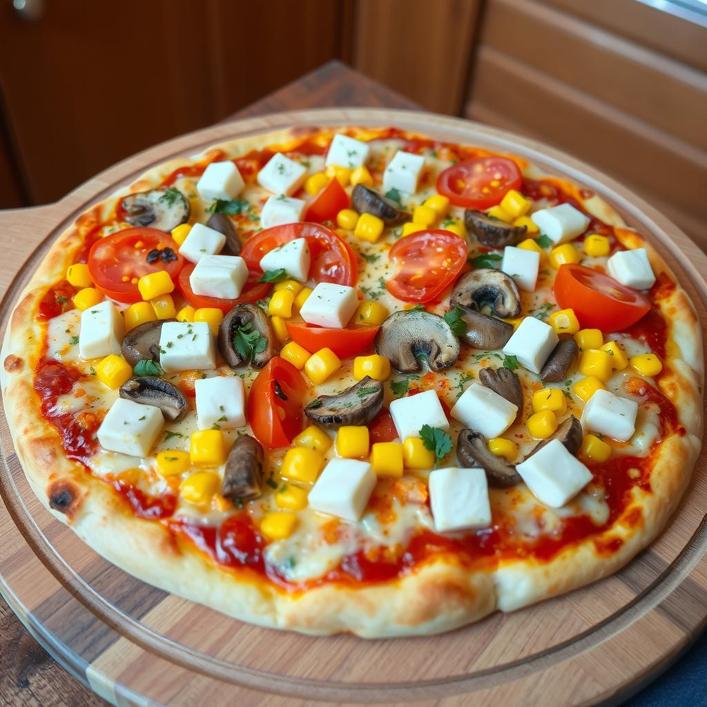 A vibrant and mouth-watering pizza topped with juicy tomatoes, sweet corn, fresh mushrooms, and soft paneer cubes