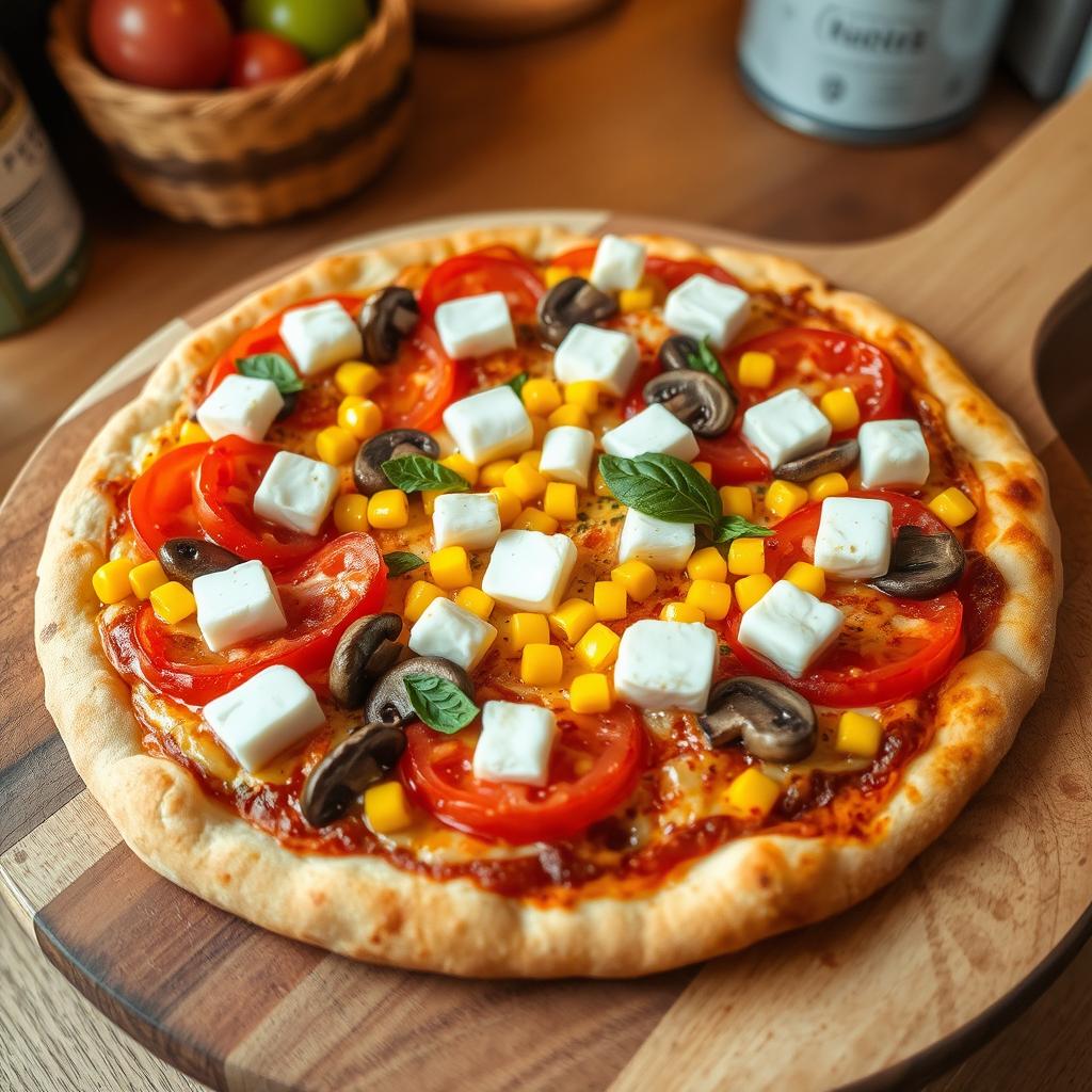 A visually stunning pizza artfully topped with juicy tomatoes, sweet corn, fresh mushrooms, and soft paneer cubes, all beautifully layered with rich, melted mozzarella cheese