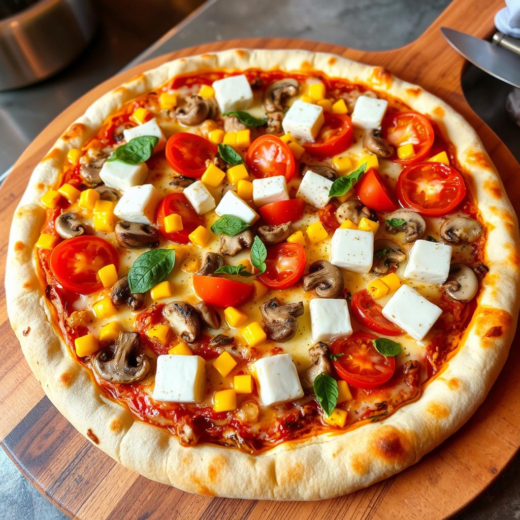 A delicious pizza adorned with juicy tomatoes, sweet corn, fresh mushrooms, and creamy paneer cubes, all layered under a generous blanket of melted mozzarella cheese