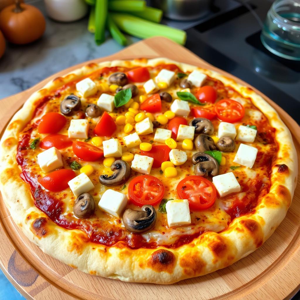 A beautifully baked pizza, showcasing a perfectly golden-brown crust that is crispy on the edges
