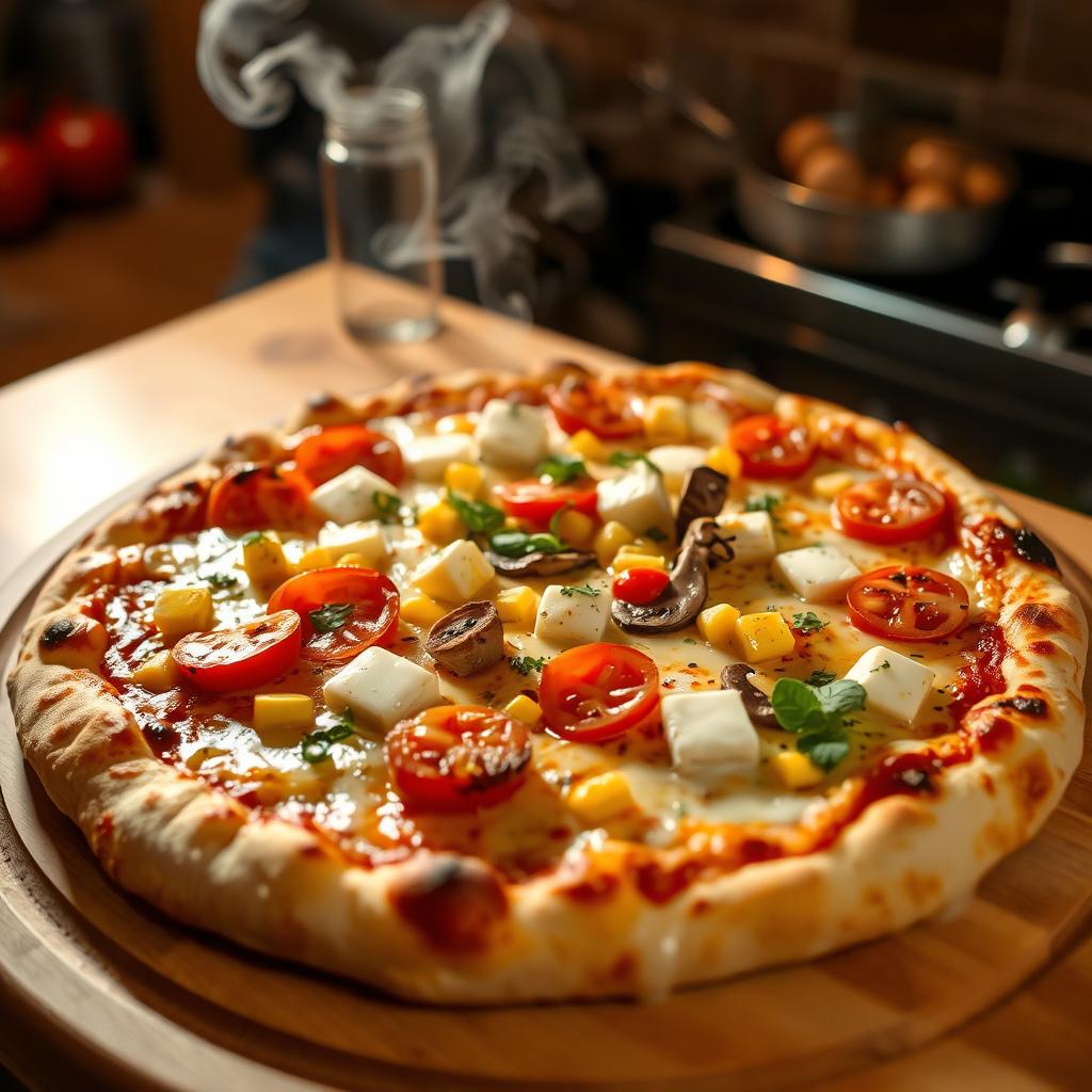 A freshly baked pizza just out of the oven, featuring juicy tomatoes, sweet corn, fresh mushrooms, and creamy paneer cubes, all generously layered under a gooey, melted mozzarella cheese that is beautifully browned