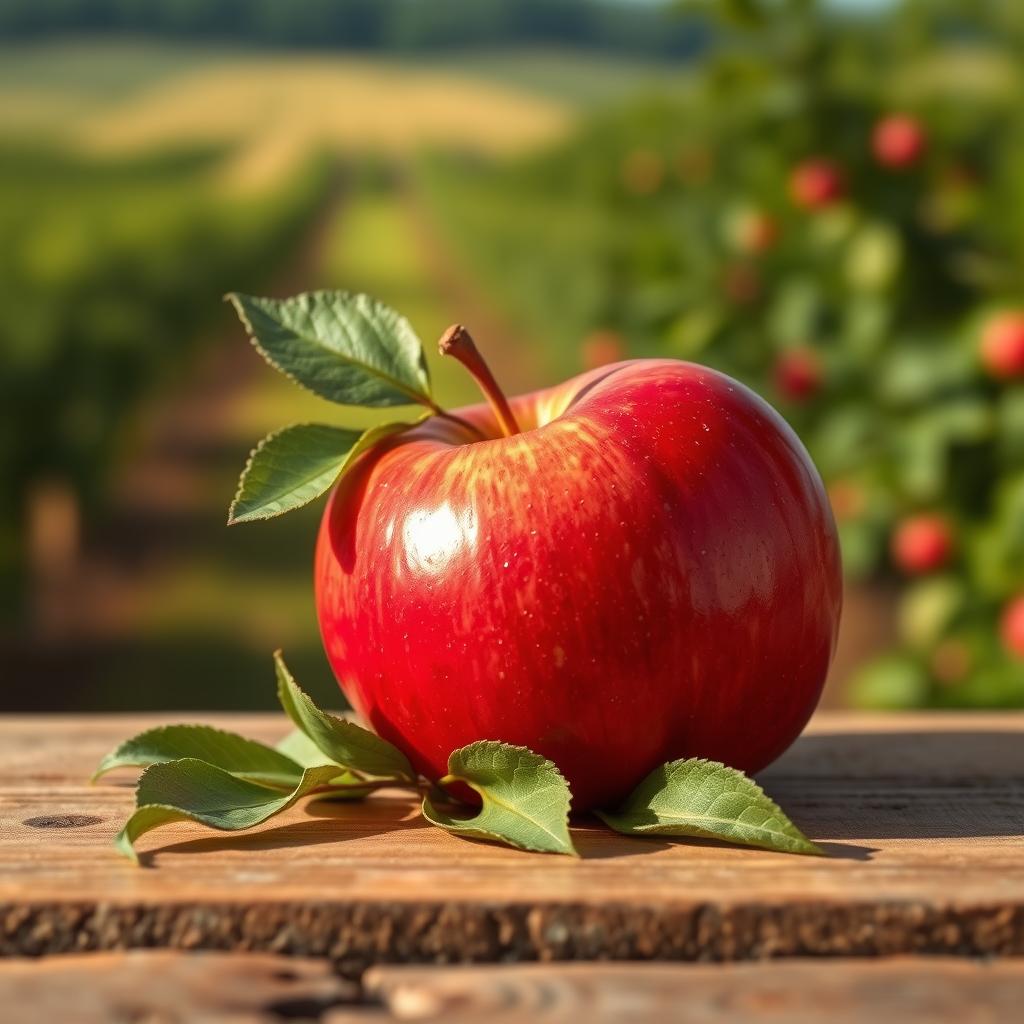 An exquisite red apple resting on a rustic wooden table