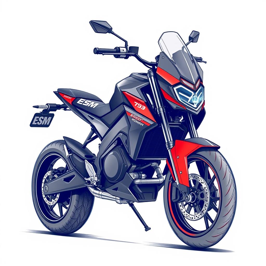 Concept sketches in black and white graphic style of an electric sports motorcycle, emphasized in blue pencil, featuring sharp contours and a strict yet modern aesthetic in black and red colors