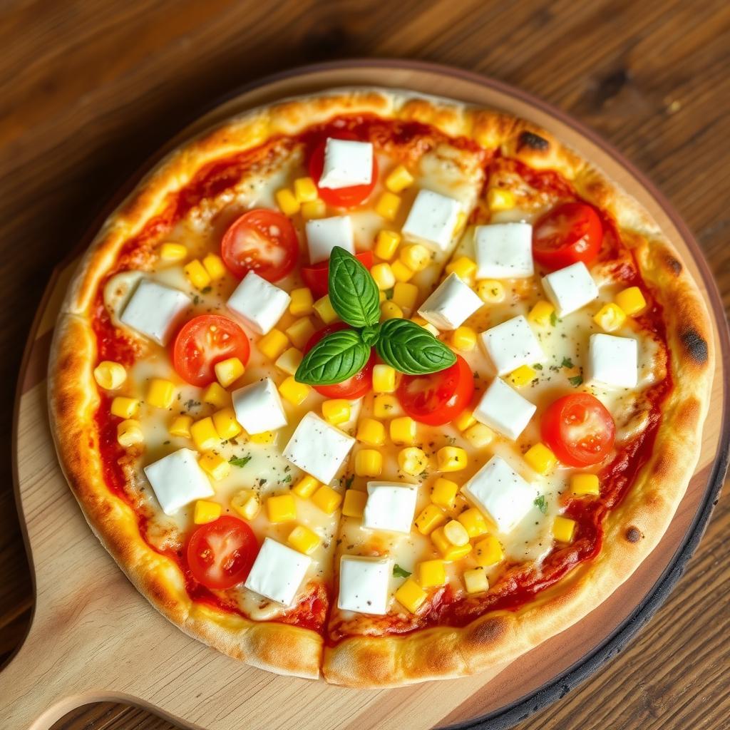 An irresistible pizza featuring a delightful combination of sweet corn and juicy tomatoes, paired with creamy paneer cubes