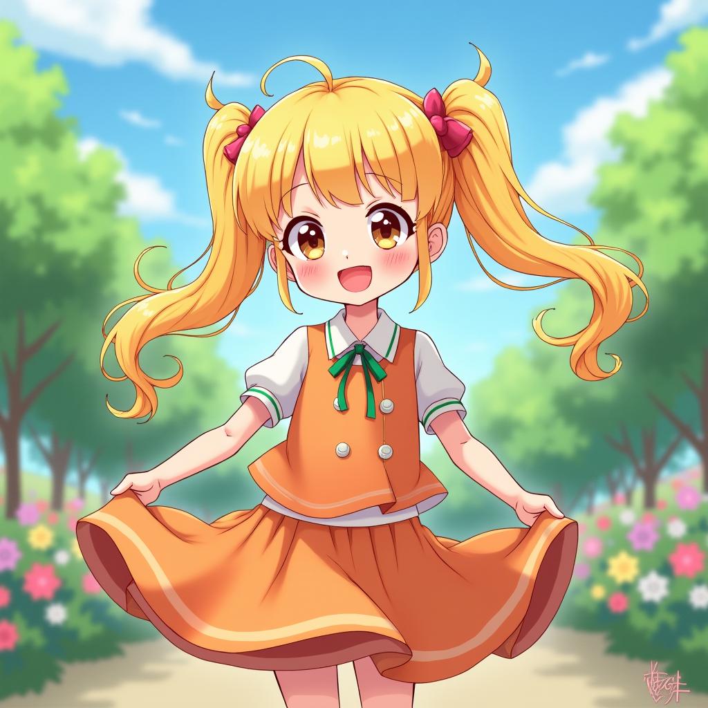 A playful scene featuring a cute young girl with long, bright blonde hair styled in playful pigtails, wearing a colorful outfit and a fluttery skirt