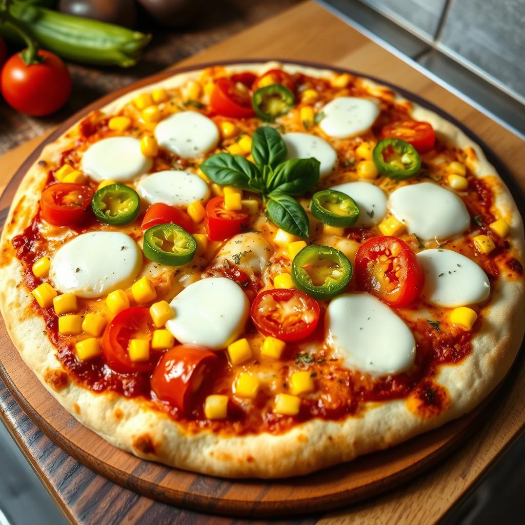 A vibrant pizza featuring sweet corn, juicy tomatoes, and bright green capsicum, all generously topped with melted mozzarella cheese that appears bubbly and slightly golden