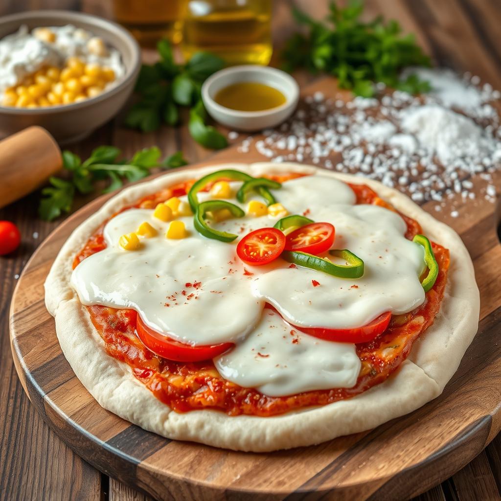 An artistic depiction of a freshly made pizza preparation scene, featuring fluffy dough being rolled out on a wooden board