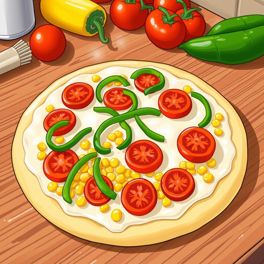 An illustration of a delicious pizza being made, featuring a base of fluffy dough topped with sweet corn kernels and juicy sliced tomatoes
