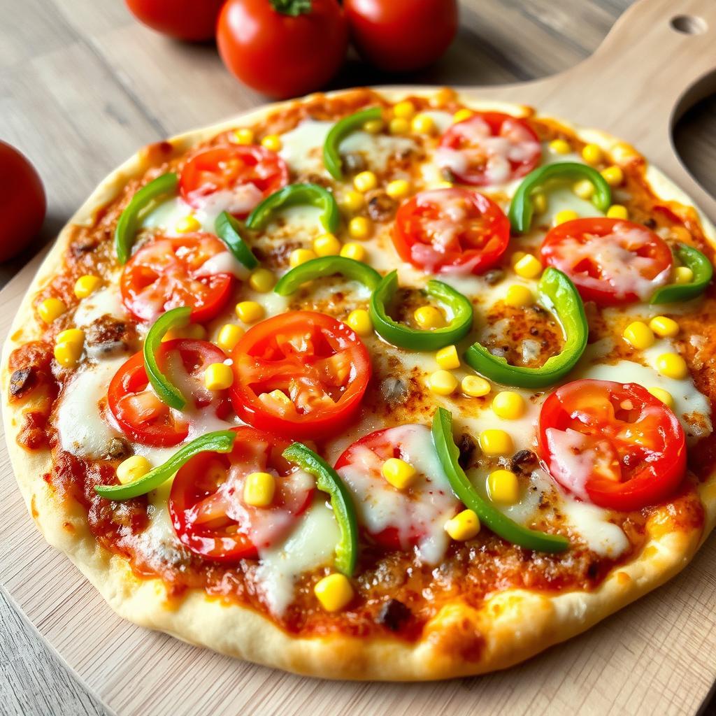 A mouth-watering pizza topped with juicy sliced tomatoes and bright green capsicum strips, interspersed with sweet corn kernels, all covered in a generous layer of melted mozzarella cheese that is bubbling and slightly golden