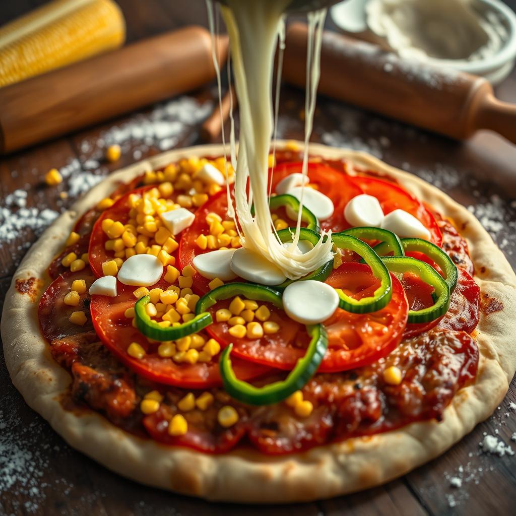 A captivating close-up of a vibrant pizza being topped, showcasing the layering process with sweet corn sprinkled generously over a base of lush, juicy tomatoes