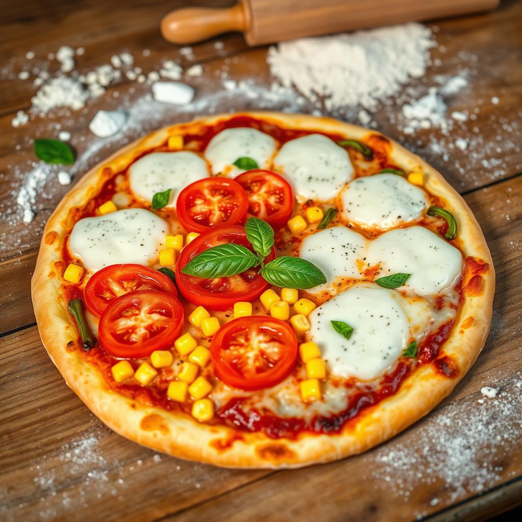 A visually stunning display of a freshly made pizza featuring bright, juicy tomatoes and sweet corn paired with vibrant green capsicum slices, all topped with a generous layer of melted mozzarella cheese that is bubbling and slightly toasted