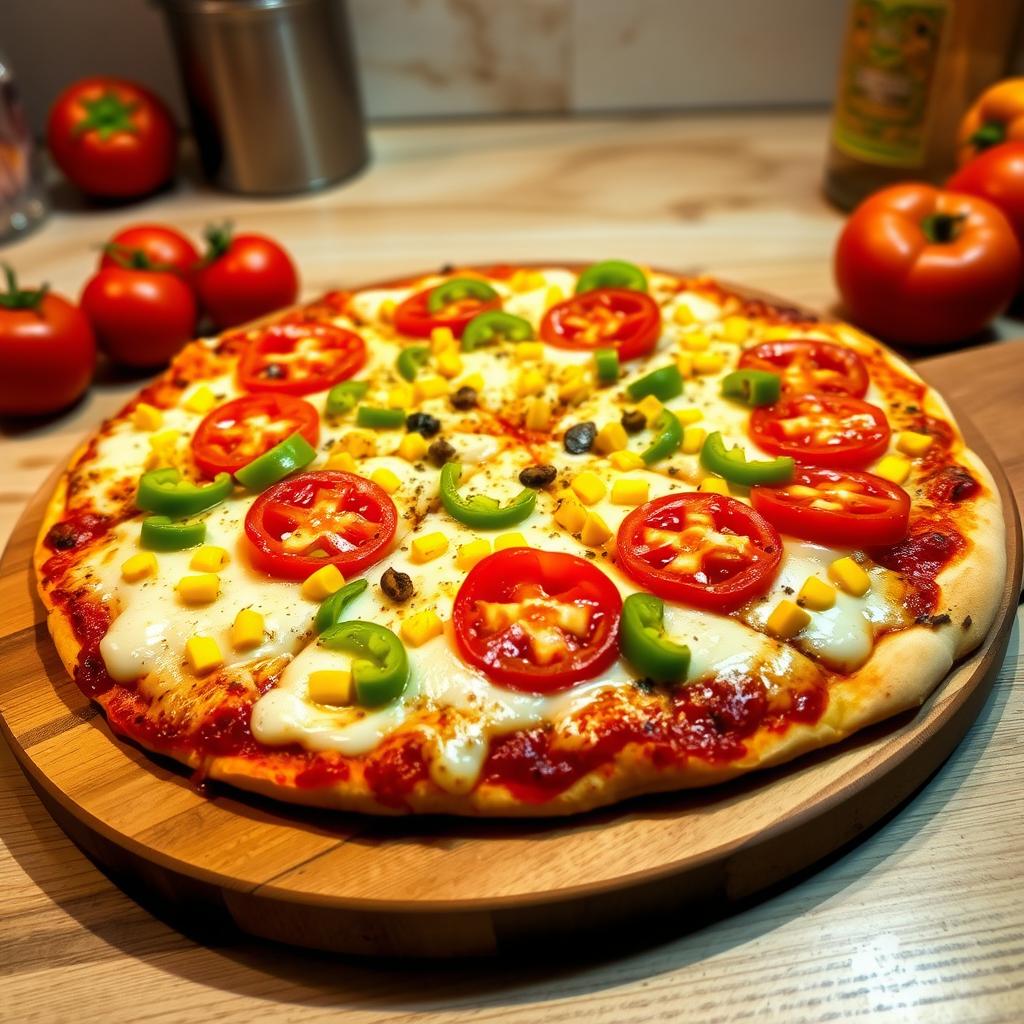 A deliciously crafted pizza, featuring vibrant, juicy tomatoes paired with crisp green capsicum slices and sweet corn scattered generously across the top