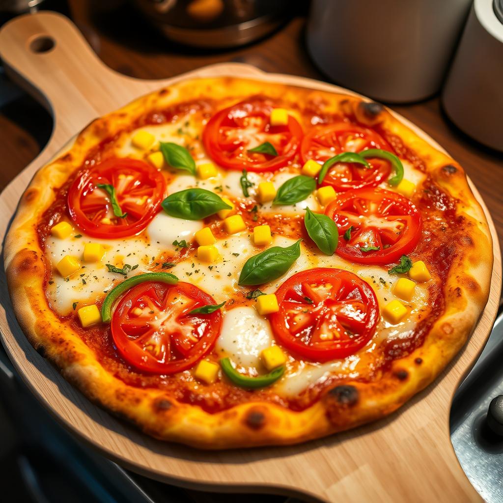 A mouthwatering pizza featuring succulent, juicy tomatoes elegantly sliced and paired with crisp green capsicum strips and bright, sweet corn kernels