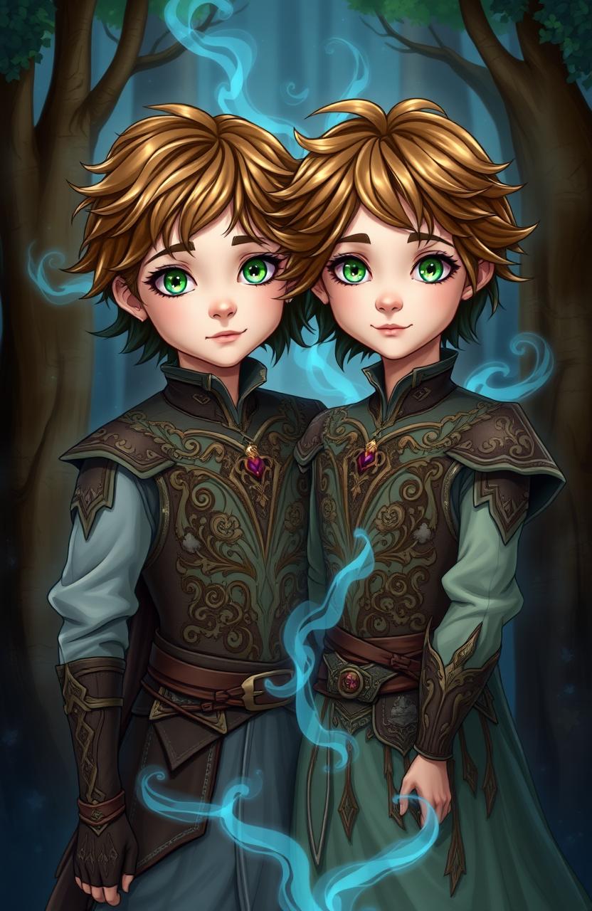 Two twin siblings, both with enchanting green eyes and tousled brown hair, standing together in a mystical forest setting