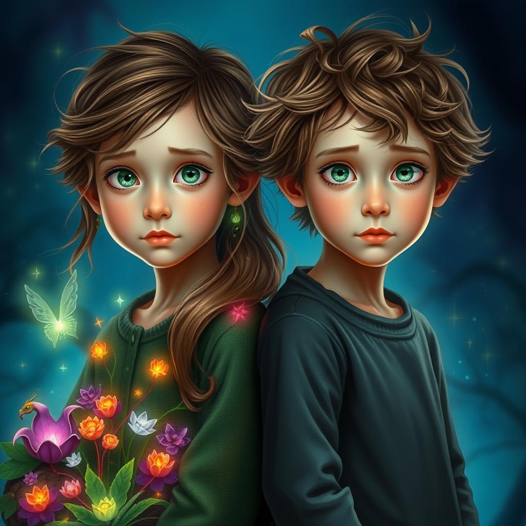 Two twin siblings, one representing the magical side with vibrant, shimmering elements around them and the other embodying a non-magical essence, both with striking green eyes and tousled brown hair