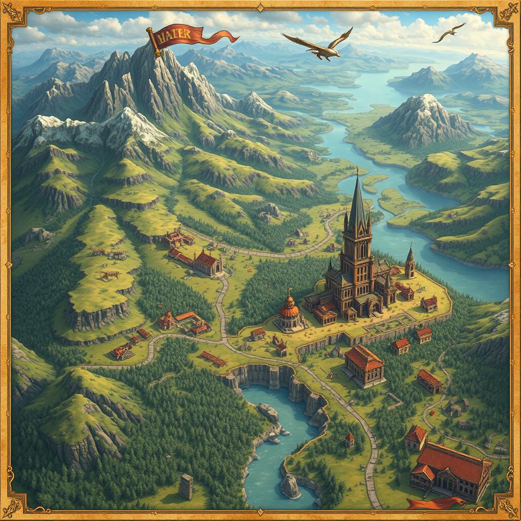 a detailed and colorful fantasy map, showcasing a vast and diverse landscape, including rolling hills, majestic mountains, winding rivers, deep forests filled with mythical creatures, and ancient ruins scattered throughout, intricate markings indicating locations, paths and settlements, embellished with decorative elements like compass roses and banners, styled like a high-quality fantasy book illustration, visually engaging and imaginative